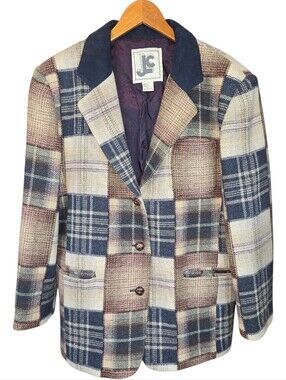 Vintage JL Colebrook Wool Blend Patchwork Plaid Blazer Jacket XL Acedemia Preppy
